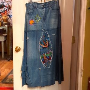 Long hand painted denim skirt